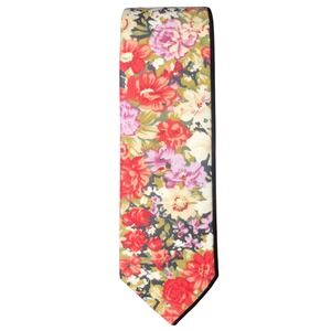 Mens Floral Necktie Red Pink Cream Garden Print Slim Skinny Wedding Tie